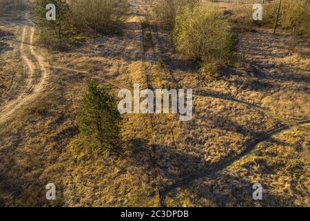 Drone photography of old rusty railroad overgrown by plants during summer day. Stock Photo