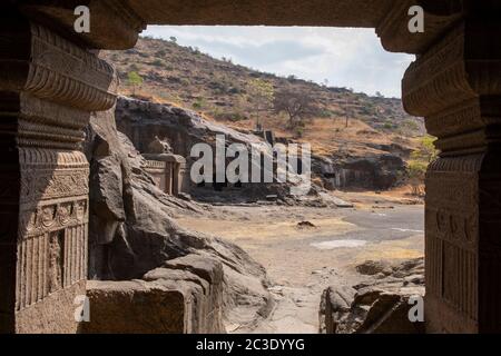 View from the upper floor of  Ellora Cave, Aurangabad, Maharashtra, India. Stock Photo