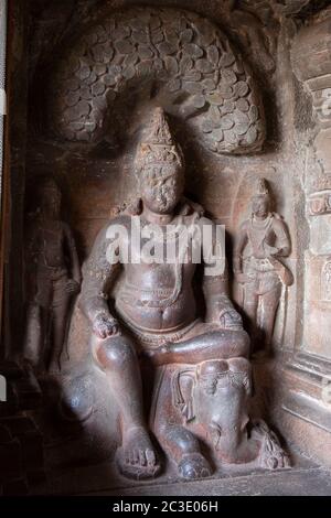 Lord Matanga, God of Prosperity,sitting on elephant, in Cave 32, Aurangabad, Maharashtra, India Stock Photo