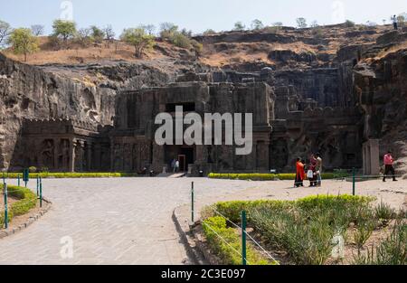 Facade and entrance of the Kailash or Kailasanatha temple,Ellora Cave 16, Aurangabad, Maharashtra, India. Stock Photo