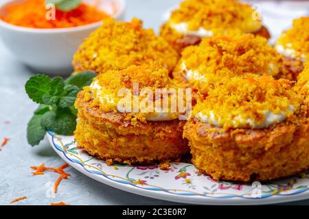 Traditional carrot cakes close-up. Stock Photo