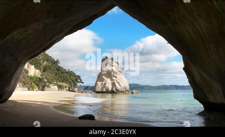 morning view of cathedral cove in new zealand Stock Photo