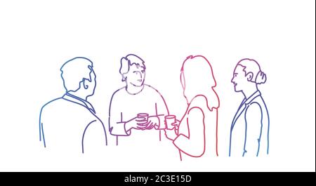 People talk during the break. Rainbow colors in linear vector illustration. Stock Vector