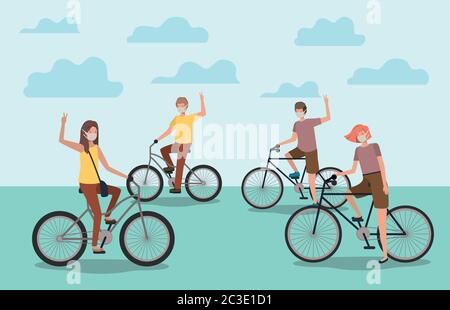 People with masks on cycles with clouds design of medical care and covid 19 virus theme Vector illustration Stock Vector