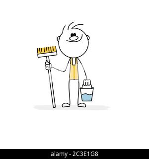 Doodle stick figure: Cleaner holds mop and bucket. Vector. Stock Vector