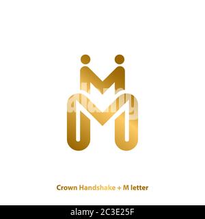 initial letter m graphic logo template, with crown and handshake vector illustration, sparkle golden logo design concept, elegant and luxury. Stock Vector