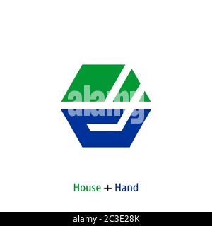 Home care logo template, hand and house design concept icon, isolated on white background. Stock Vector