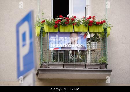 A banner is seen on a balcony advertising presidential candidate and Warsaw mayor Rafal Trzaskowski on June 19, 2020 in Warsaw, Poland. On June 28 Pol Stock Photo