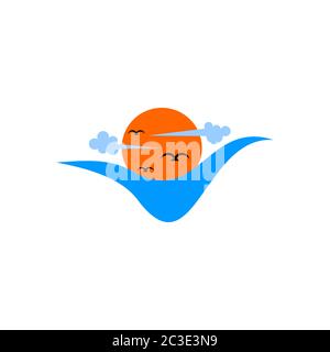 Vector illustration of ocean. Sun, bird, cloud and sea water design concept. Isolated on white background. Stock Vector