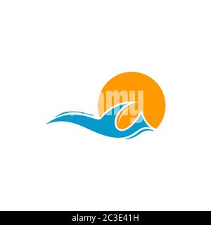 Abstract sea logo, vector illustration of ocean, sun and sea wave design concept, isolated on white background Stock Vector