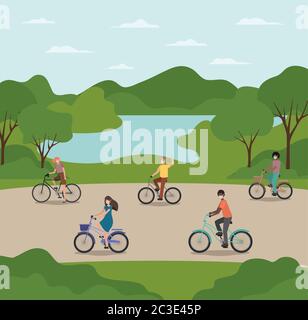 People with masks on cycles at park design of medical care and covid 19 virus theme Vector illustration Stock Vector