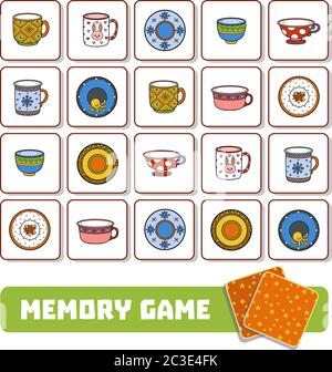 Memory game for preschool children, vector cards with plates and mugs Stock Vector