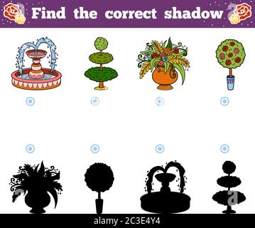 Find the correct shadow, education game for children. Vector cartoon garden objects Stock Vector