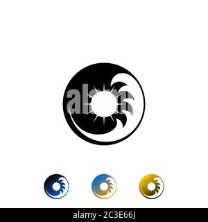 Circle ocean logo, sun and wave design concept on negative space, vector icon, isolated on white background. Stock Vector