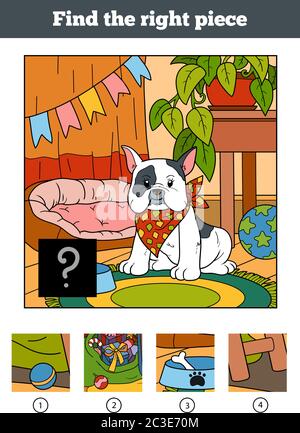 Find the right piece, jigsaw puzzle game for children. Little dog and background Stock Vector