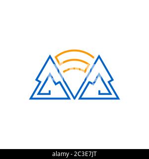 Mountain and sun logo line design concept, vector illustration of landscape, isolated on white background. Stock Vector