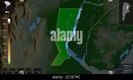 Santa Fe, province of Argentina. Colored shader data with lakes and rivers. Shape presented against its country area with informative overlays. 3D ren Stock Photo