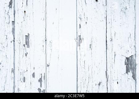 Background of vintage barn siding painted white with peeling paint and nail heads visible Stock Photo