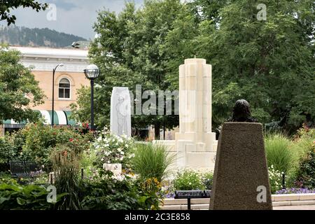 Public art decorates the downtown historic shopping and restaurant district called the Pearl Street Mall in Boulder, Colorado. Stock Photo