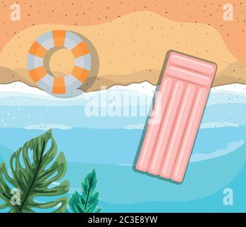 beach with leaves and floats top view design, Summer vacation and ...