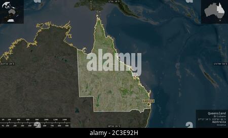 Queensland, state of Australia. Satellite imagery. Shape presented against its country area with informative overlays. 3D rendering Stock Photo