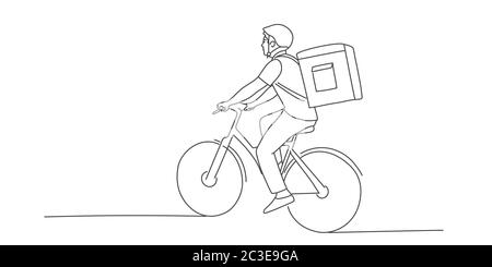 Line drawing vector illustration of delivery man on the bike. Stock Vector