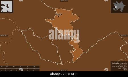 Kalbajar-Lachin, region of Azerbaijan. Patterned solids with lakes and rivers. Shape presented against its country area with informative overlays. 3D Stock Photo