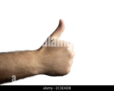 Men's brutal hairy hand clenched into a fist and showing a thumb against an isolated background Stock Photo