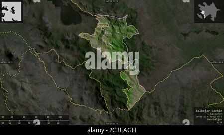 Kalbajar-Lachin, region of Azerbaijan. Satellite imagery. Shape presented against its country area with informative overlays. 3D rendering Stock Photo