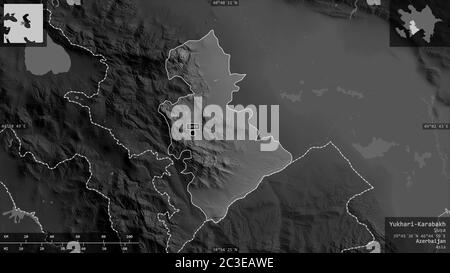Yukhari-Karabakh, region of Azerbaijan. Grayscaled map with lakes and rivers. Shape presented against its country area with informative overlays. 3D r Stock Photo