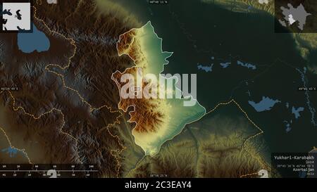 Yukhari-Karabakh, region of Azerbaijan. Colored relief with lakes and rivers. Shape presented against its country area with informative overlays. 3D r Stock Photo