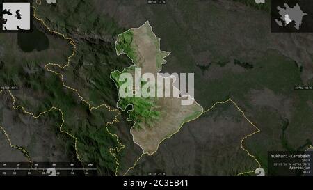 Yukhari-Karabakh, region of Azerbaijan. Satellite imagery. Shape presented against its country area with informative overlays. 3D rendering Stock Photo