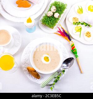 Easter in Polish: sour flour soup for Easter breakfast (Żurek) Stock Photo