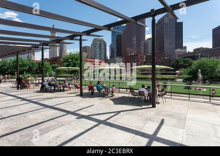 Boston, Massachusetts, USA - July 3, 2016: Rose Fitzgerald Kennedy Greenway's North End Park adjacent to the North End neighborhood. Stock Photo
