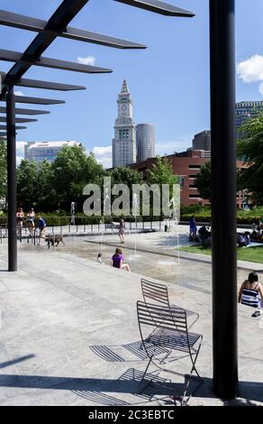 Boston, Massachusetts, USA - July 3, 2016: Rose Fitzgerald Kennedy Greenway's North End Park adjacent to the North End neighborhood. Stock Photo