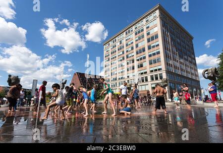 Boston, Massachusetts, USA - July 3, 2016: Rose Fitzgerald Kennedy Greenway's Wharf District Park. This park connects Faneuil Hall and the Downtown. Stock Photo