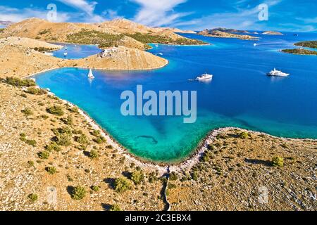 Kornati islands national park. Unique stone desert islands in Mediterranean archipelago aerial view Stock Photo