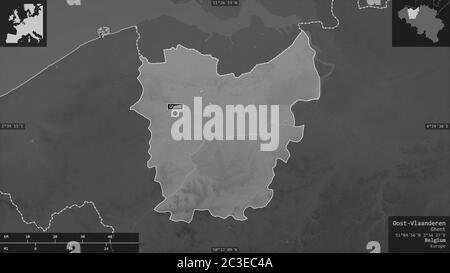 Oost-Vlaanderen, province of Belgium. Grayscaled map with lakes and rivers. Shape presented against its country area with informative overlays. 3D ren Stock Photo