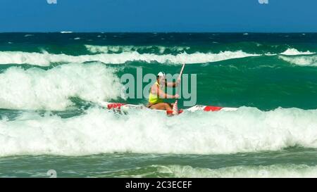 ALEXANDRA HEADLAND, QUEENSLAND, AUSTRALIA- APRIL 24: close up of the winner of a men's surf ski race Stock Photo