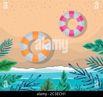 beach with leaves and floats top view design, Summer vacation and ...