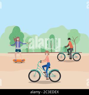 People with masks on cycles at park design of medical care and covid 19 virus theme Vector illustration Stock Vector
