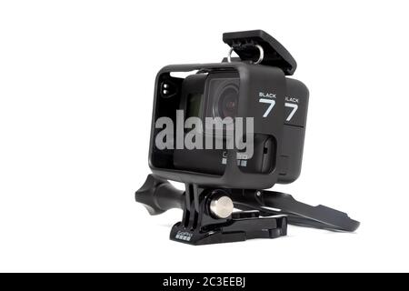Moscow. November 2018. GoPro HERO 7 Black product in plastic protective case. The action camera with new feature fuctions hypersmooth, Live stream, TimeWarp and SuperPhoto. Stock Photo