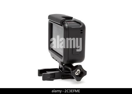 Moscow. November 2018. GoPro HERO 7 Black product in plastic protective case. The action camera with new feature fuctions hypersmooth, Live stream, TimeWarp and SuperPhoto. Stock Photo