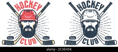 Hockey player with beard and crossed sticks - vintage sport emblem Stock Vector