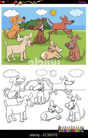cartoon dogs and puppies group coloring book page Stock Photo - Alamy