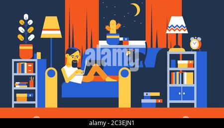 Man with laptop on sofa working remotely at night Stock Vector