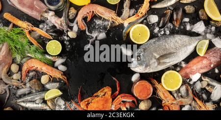 Fish and seafood panorama with copy space, a flat lay overhead shot. Sea bream. shrimps, crab, sardines, squid, mussels, and cav Stock Photo