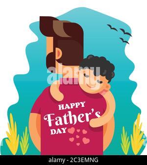 Happy fathers day, scenery with kid on dad's shoulder illustration poster, vector Stock Vector