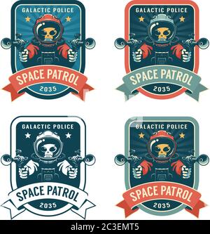 Alien with blaster - space retro badge Stock Vector