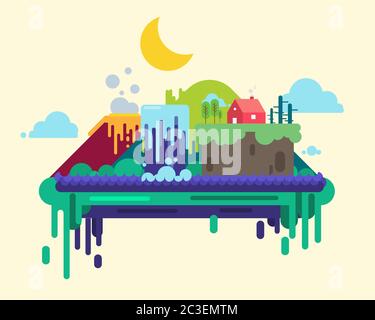 landscape abstract illustration background drawing vector with trees, hut, volcano, water body, clouds, mountains, etc. Stock Vector